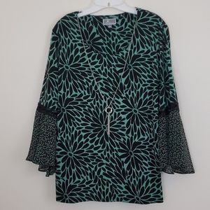 JM Collection Black & Green Print Top L